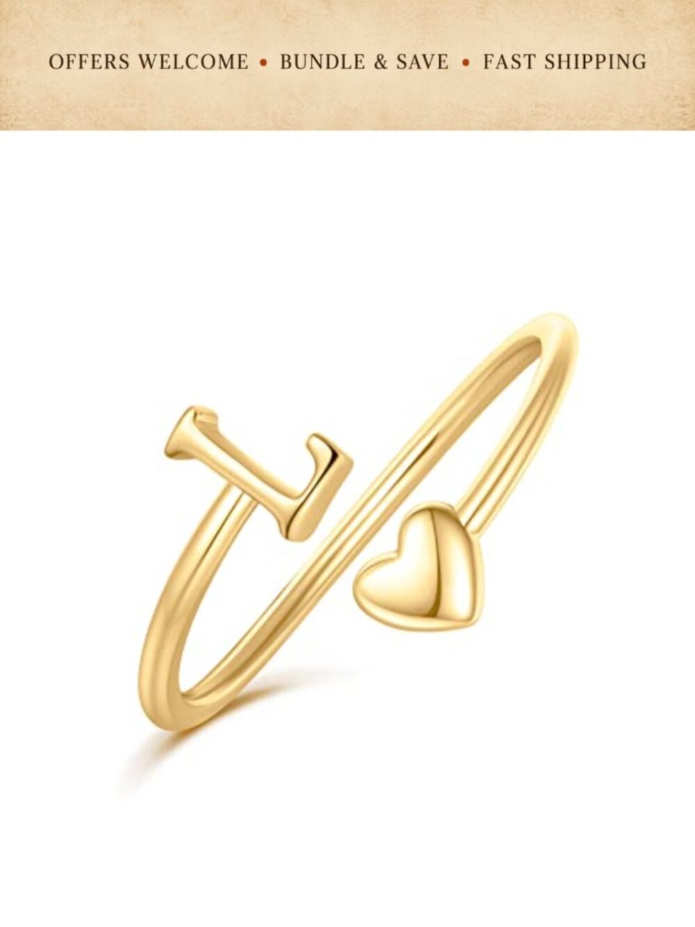 14k Gold Plated Heart Initial Stackable Ring Adjustable Open Band